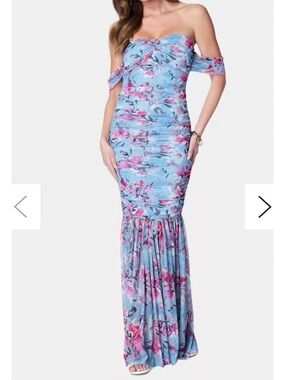 bebe off-Shoulder Floral Ruched Mermaid Maxi Dress - Light Blue & Pink